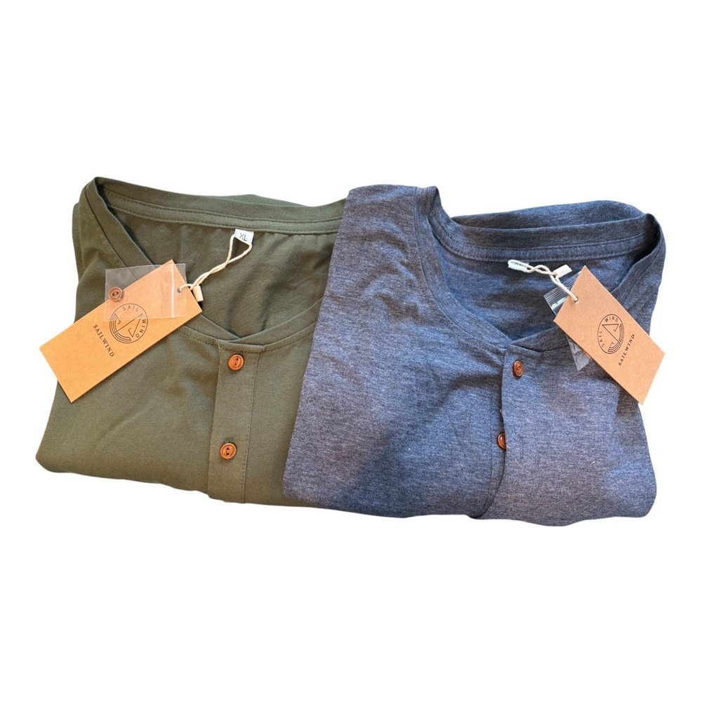 Sailwind Mens Henley Shirt 2 Pack XL Olive Green Heather Blue Short Sleeve NWT